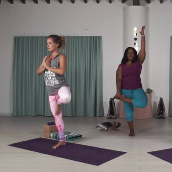 Dianne and student demonstrate two different versions of tree pose.