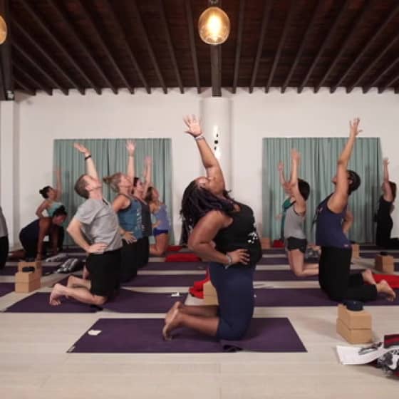 Dianne leads a class of yogis in a camel pose variation.